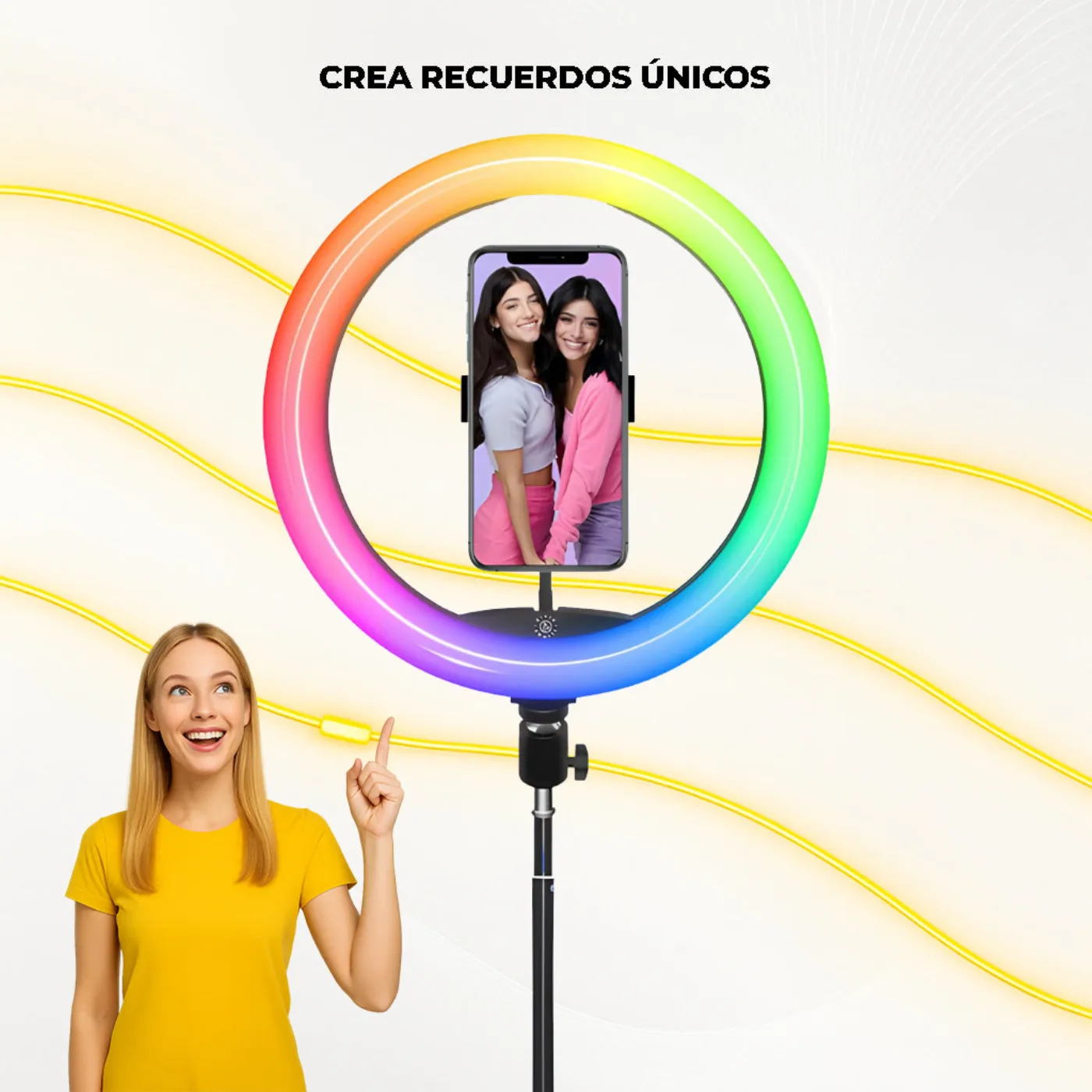 Piattaforma 360 a specchio infinito con anello di luce RGB in un evento