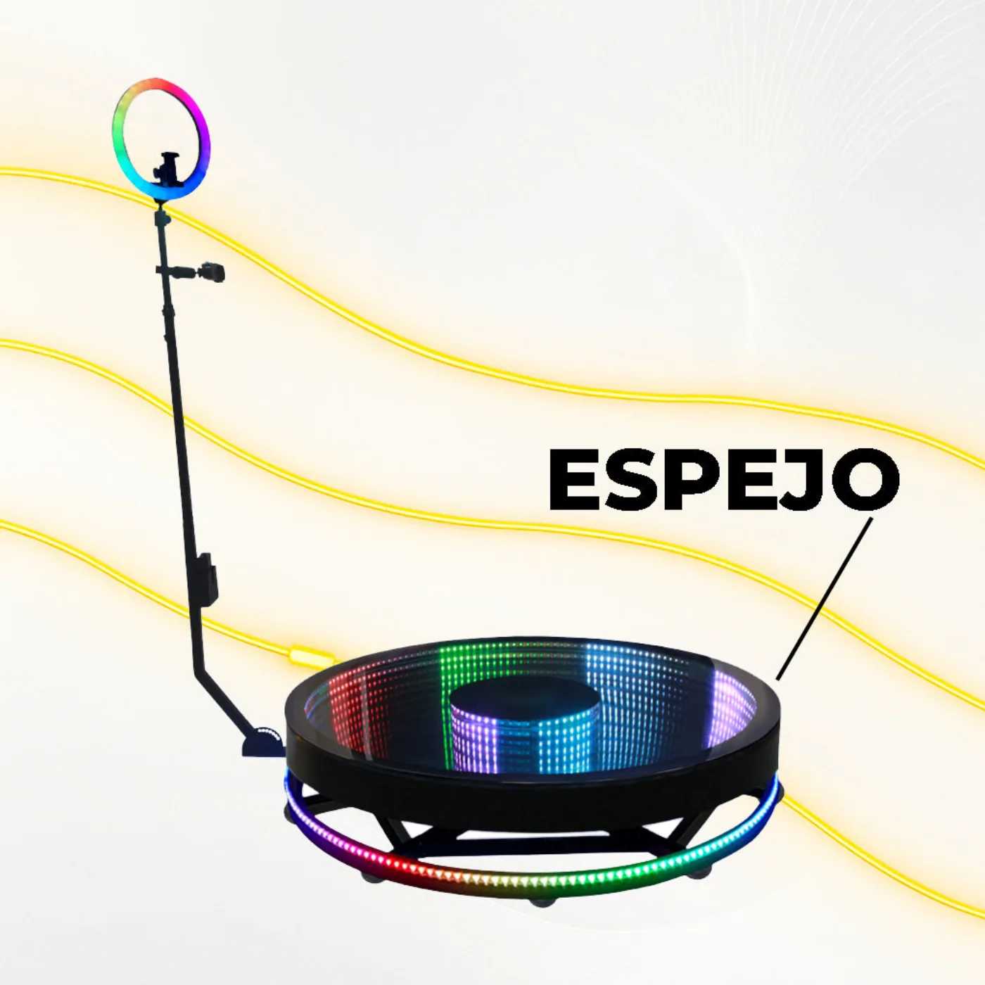 Comprar Fotomatón 360 Espejo Infinito con base de acero, anillo RGB y efecto infinito para eventos