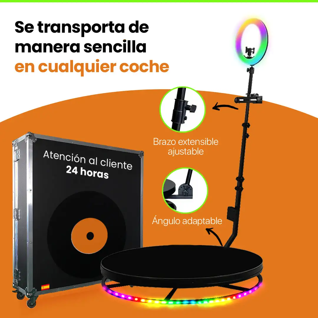 Caractéristiques de la Plateforme 360 : bras extensible réglable, angle adaptable, anneau lumineux RGB et flycase à roulettes qui tient dans n'importe quelle voiture