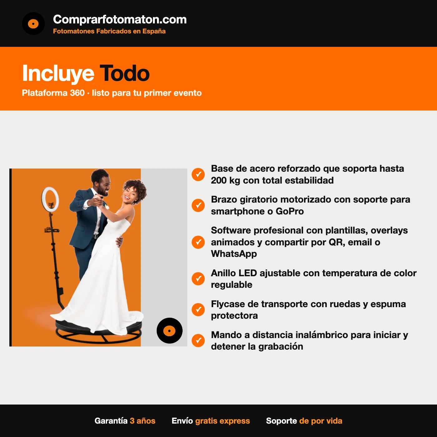 Plateforme 360 Rotative Professionnelle : comprend base en acier renforcé supportant jusqu'à 200 kg en toute stabilité et tout le nécessaire pour le premier événement