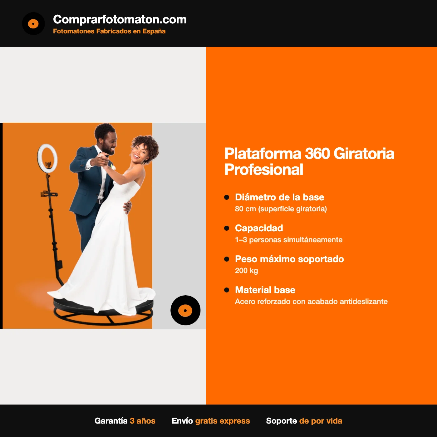 Plateforme 360 Rotative Professionnelle : fiche technique avec 80 cm (surface rotative), 1 à 3 personnes simultanément, 200 kg