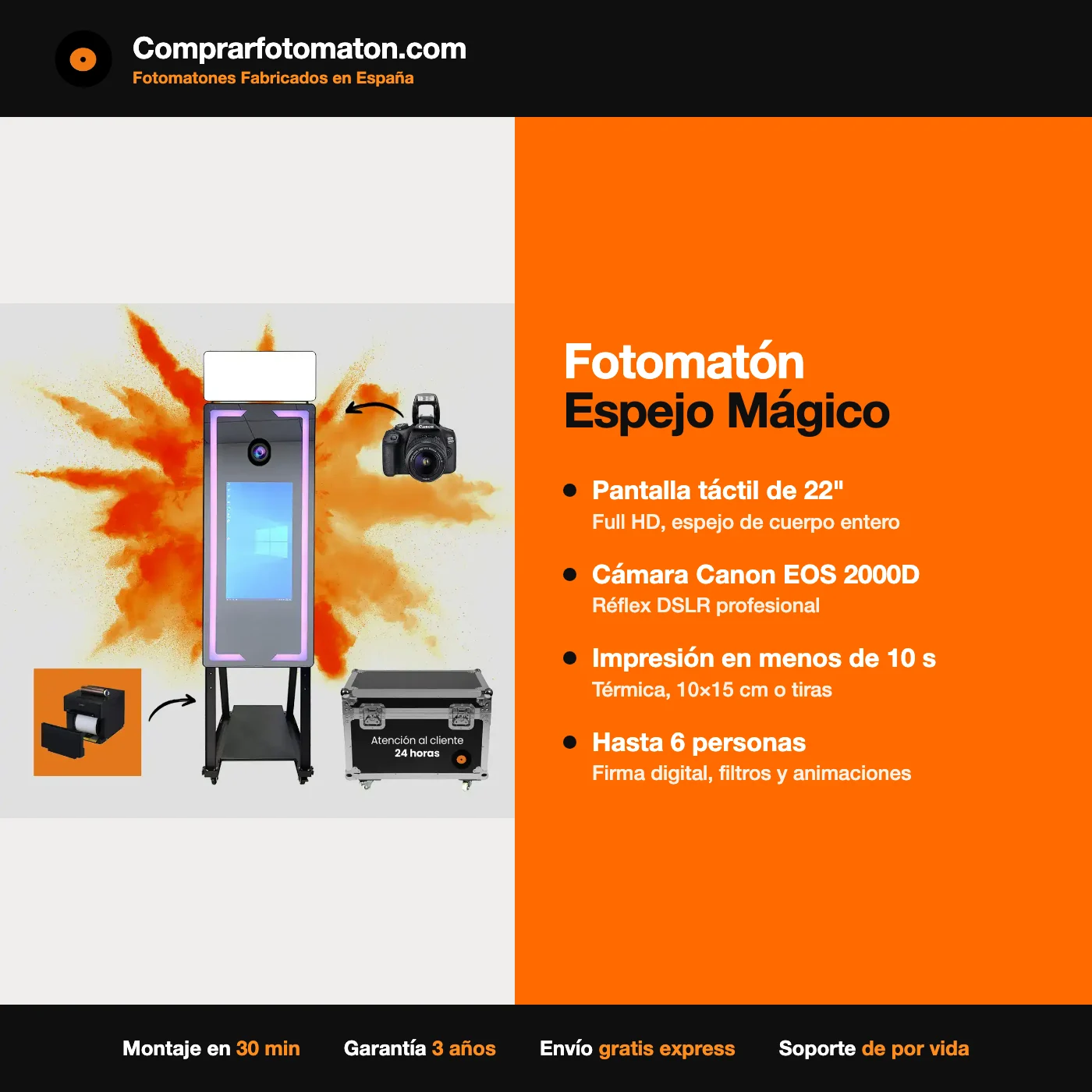 Fiche technique du Photomaton Miroir Magique : écran tactile de 22 pouces, appareil Canon EOS 2000D, impression en moins de 10 secondes et capacité pour 6 personnes