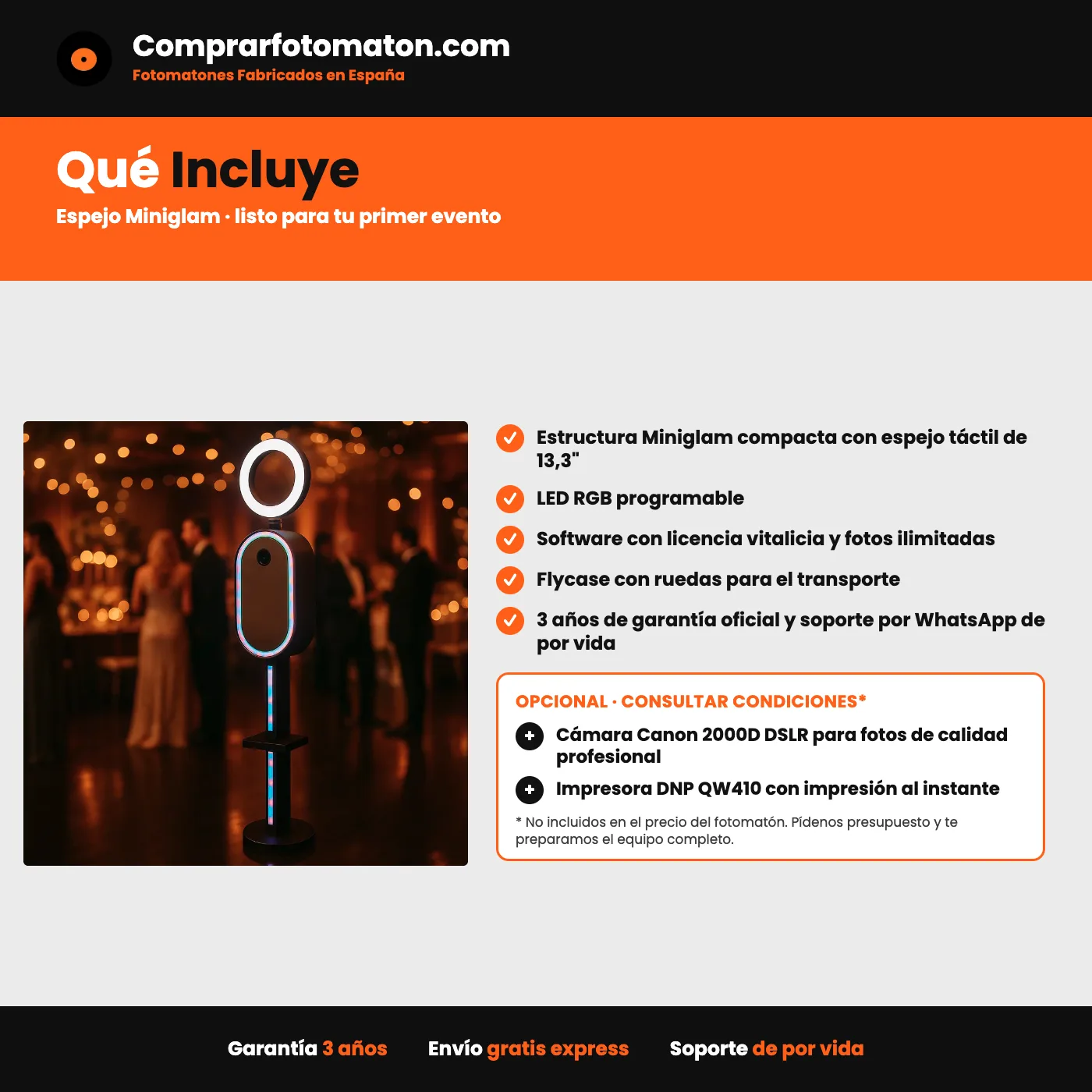 Fotomatón Espejo Mágico Miniglam: incluye estructura Miniglam compacta con espejo táctil de 13,3" y todo lo necesario para el primer evento