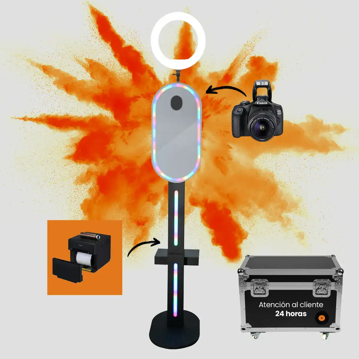 Miniglam con aro LED RGB y flycase con ruedas, junto a la cámara Canon EOS 2000D y la impresora que puede integrar (opcionales, consultar condiciones)