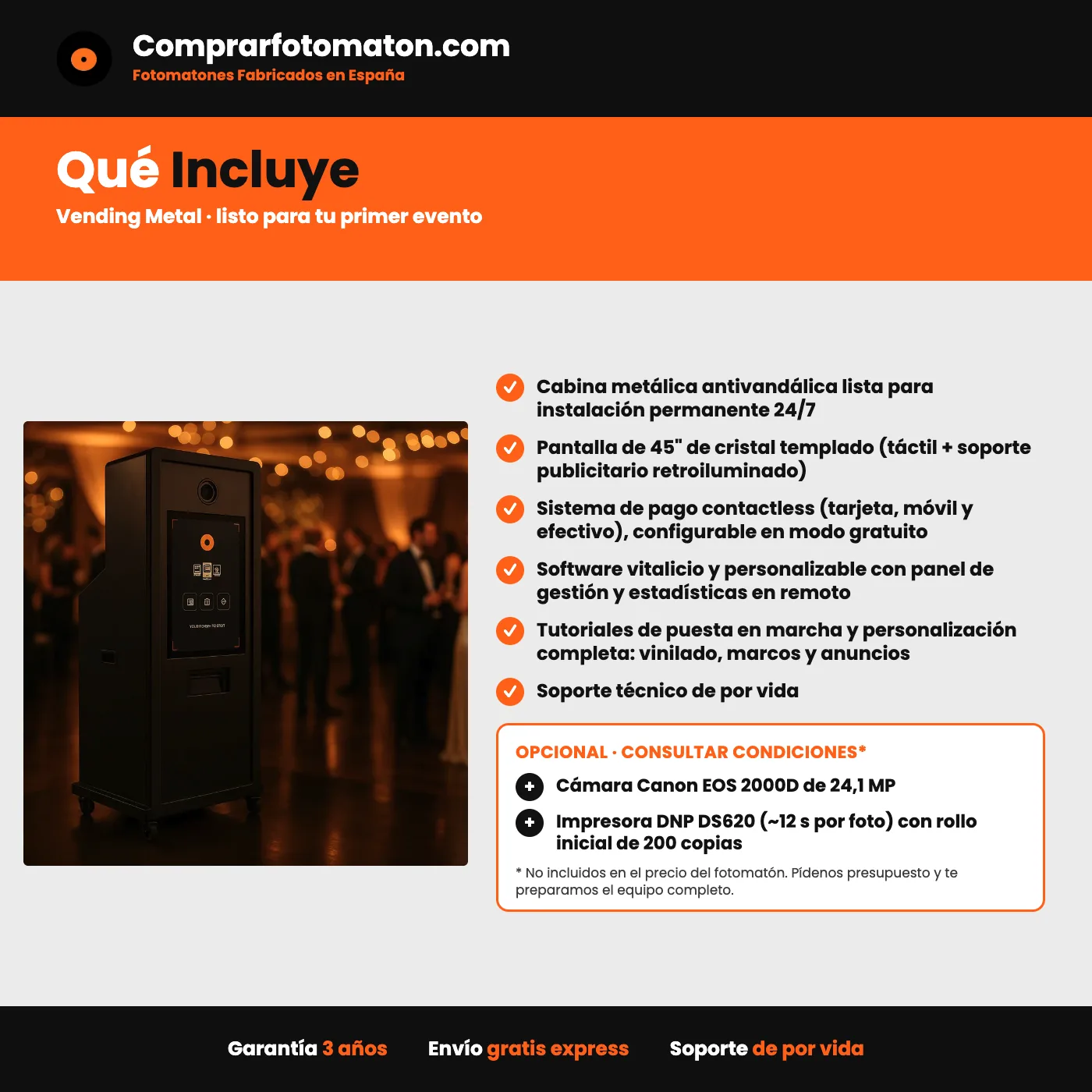 Fotomatón Vending Metal: incluye cabina metálica antivandálica lista para instalación permanente 24/7 y todo lo necesario para el primer evento