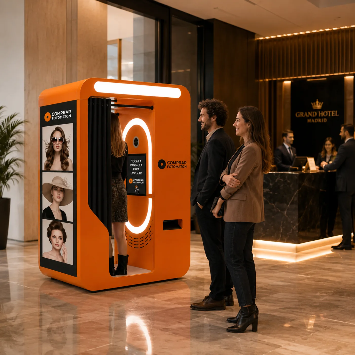 Fotomatón vending autónomo en el lobby de un hotel