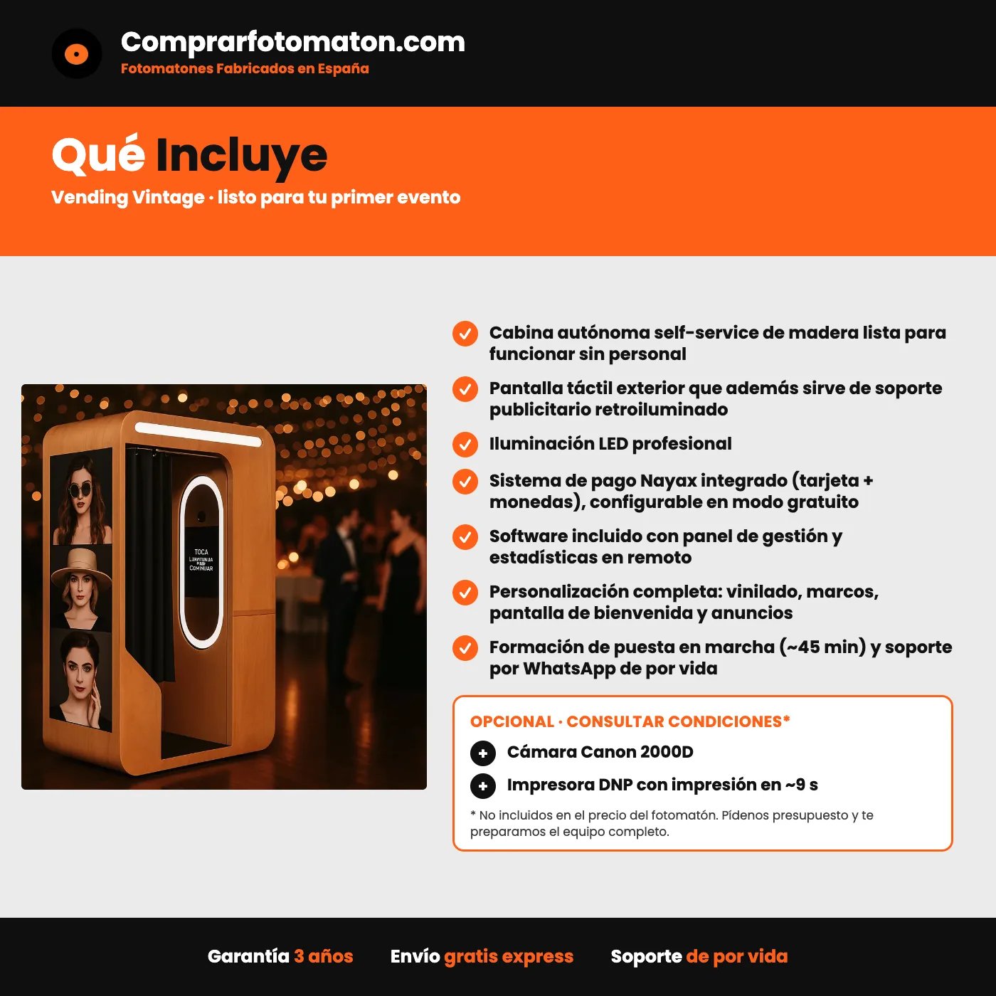 Fotomatón Vending Vintage: incluye cabina autónoma self-service de madera lista para funcionar sin personal y todo lo necesario para el primer evento