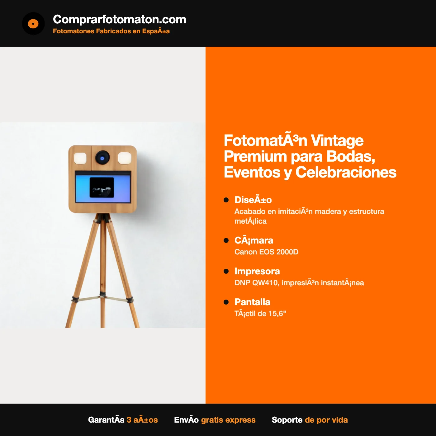 Photobooth Vintage Premium pour Mariages, Événements et Célébrations : fiche technique avec finition imitation bois et structure métallique, Canon EOS 2000D